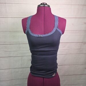 VTG Y2K Hollister Tank Top Womens XS Navy Lace Camisole Bow Logo Ribbed
